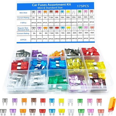 Assorted car fuse kit 2A-40A, 175 car fuses, 57 standard fuses + 118 mini mixed pack with storage case and 1 extractor, mini blade fuse replacement (1/5)