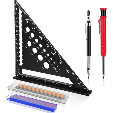 5 en 1 Equerre Menuisier, Équerre Charpentier 180mm + 1 Crayon Chantier + 1 Marqueur de Trou Profond + 18 Recharges, Haute Précision Mesure Outillage Outil pour Charpentier, Ingénieur (1/5)