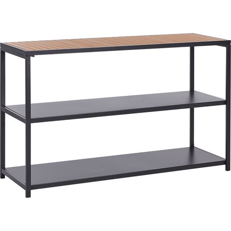 Estantería de acero isla de cocina de jardín base de acero encimera de madera plástica 150x50x90 cm negro madera clara Avetrana