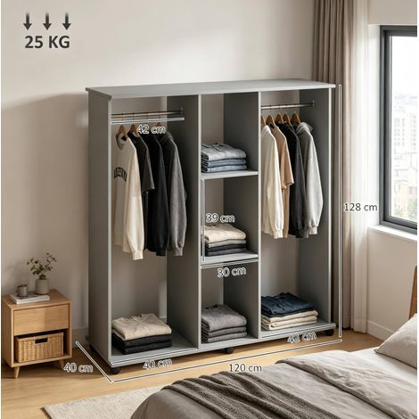 Portant à vêtements mobile gris en aluminium et panneaux, avec 3 étagères et 2 barres, 120x40x128 cm (1/5)