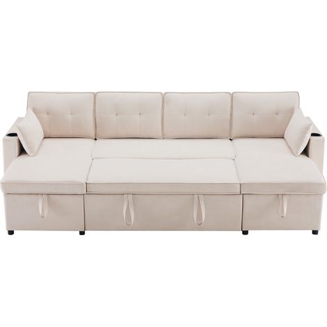 Sofá Panorámico en U 4 Plazas en Algodón Lino con Cofres Laterales, 2 Portavasos, Bolsillos Laterales y 2 Cojines, Beige (1/5)