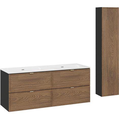 Doppelwaschtisch und Hängesäule 120cm Elena mit 4 Schubladen, Holzoptik und Schwarz