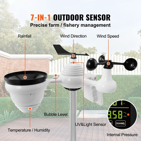 Station météo WiFi 7-en-1, écran couleur 19,1 cm, intérieur extérieur maison, capteur solaire sans fil alerte alarme, température humidité vent pluie (1/5)