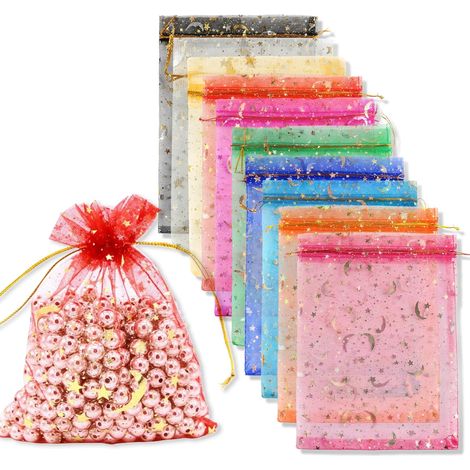 100 Organzasäckchen, Organza-Geschenksäckchen 7 x 9 cm, Organzasäckchen mit Mond- und Sternenmuster in verschiedenen Farben