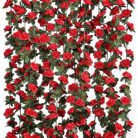 Guirlande de 9 roses artificielles de 22 m (72 pi) en nuances de rouge, pour décoration intérieure et extérieure. (1/5)