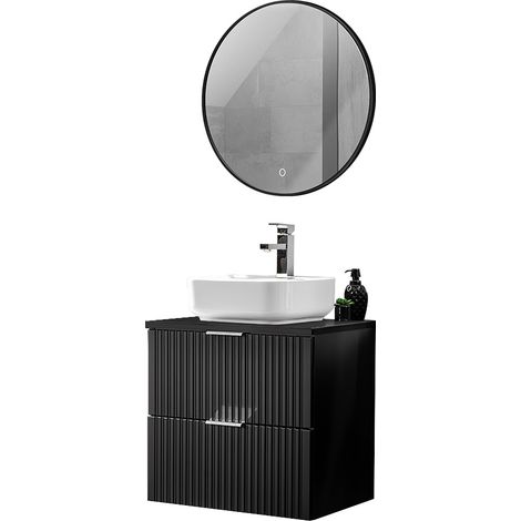Waschplatz Set, 61cm breit, mit Aufsatzwaschbecken aus Keramik, gerillte Front, matt schwarz, ADELAIDE-56-BLACK, B/H/T ca. 60,6/200/46,5 cm (1/5)