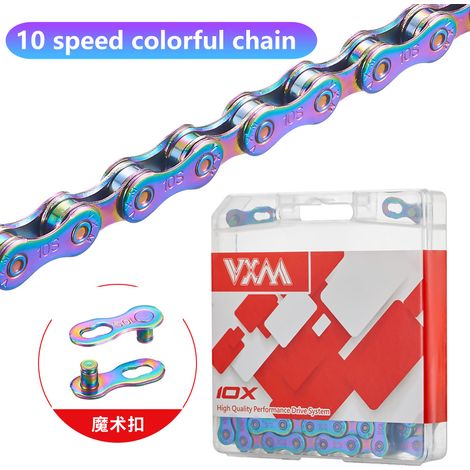 Chaîne colorée pour vélo à 10 vitesses Chaîne de vélo VXM colorée électroplaquée, 10 vitesses, 11 vitesses, 9 vitesses, 12 vitesses, 8 vitesses, accessoire universel avec fermeture Velcro. (1/5)