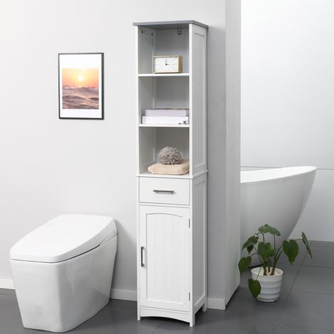 Compact Tall Bathroom Cabinet with 3-Tier Open Shelf and Drawer for Storage, Adjustable MDF Design, Anti-Tipping Safety