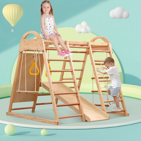7-in-1 Multifunktionsspielplatz mit Schaukel, Leiter, Rutsche, Kletterwand, Kletterstein aus Kunststoff, Sperrholz und Buchenholz