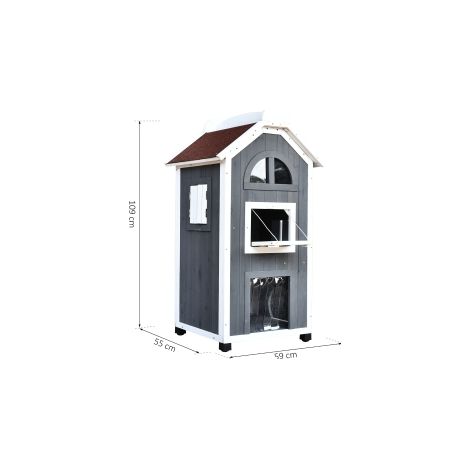 Maison pour chat grise en bois de sapin avec toit bitumé et espace pour panier ou litière, pour intérieur, terrasse et jardin (1/5)