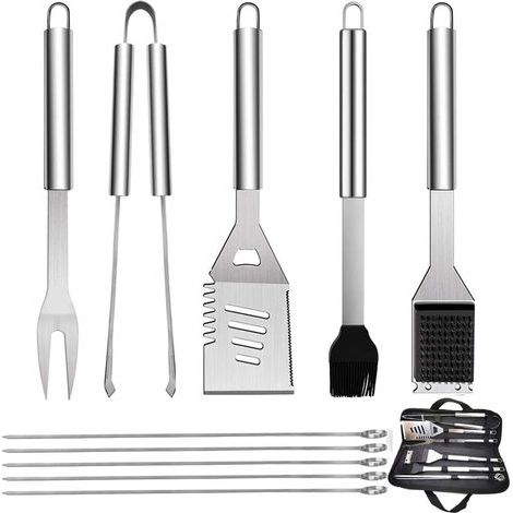 Lot de 10 ustensiles de Barbecue en Acier Inoxydable avec Sac de Transport, spatule, Brosse métallique,Pince et Fourchette,Accessoires pour Barbecue, Cuisine en Plein air, Camping (1/5)
