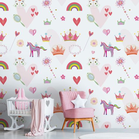 Fototapete Profhome 391931 heißgeprägte Vliestapete glatt Kindertapete matt rosa weiß pink gelb 1,59 m x 2,8 m