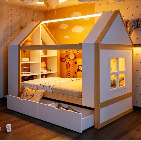 Kinderbett 90x200 cm Naturweiß aus Massivholz mit Hausdesign, Fensterelementen, Schubladen, LED und Stauraum (1/5)