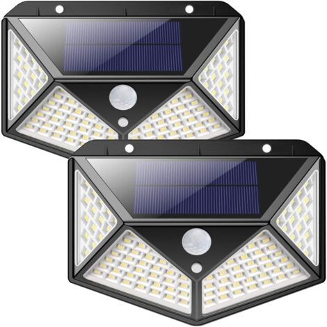 Lampes solaires d'extérieur 【Version améliorée, lot de 2】100 LED 2200 mAh, étanches, éclairage extérieur, faisceau lumineux solaire à 270°, détecteur de mouvement à 180°, projecteur solaire mural pour (1/5)
