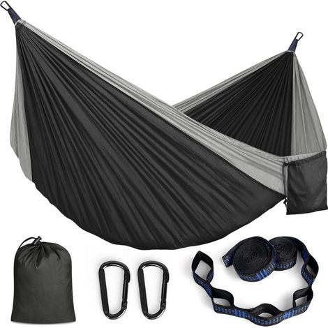 Hamac Suspendu Exterieur Ultraléger en Tissu Parachute avec Mousquetons et Sangles pour Voyage Camping Randonnée et Jardin, 270x140cm, Capacité 350kg, Noir et Gris (1/5)