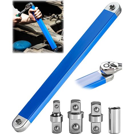 Llave de extensión acodada, llave de extensión de trinquete de 15 pulgadas y cero grados, llave de vaso con adaptadores cuadrados (1/2", 1/4", 3/8"), llave de extensión universal para espacios reducid