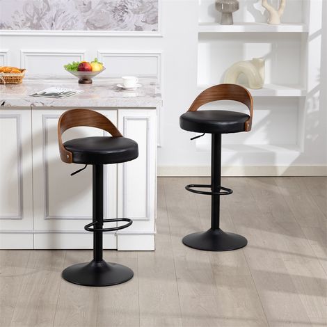 Lot de 2 Tabourets de Bar Pivotants à 360° - 42x42x77-98cm - Dossier Noyer et Assise en Cuir PU Réglable en Hauteur - Noir (1/5)