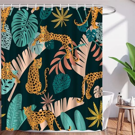 Filiyano-Rideau de douche bohème léopard tropical 90x180cm rose et bleu à fleurs