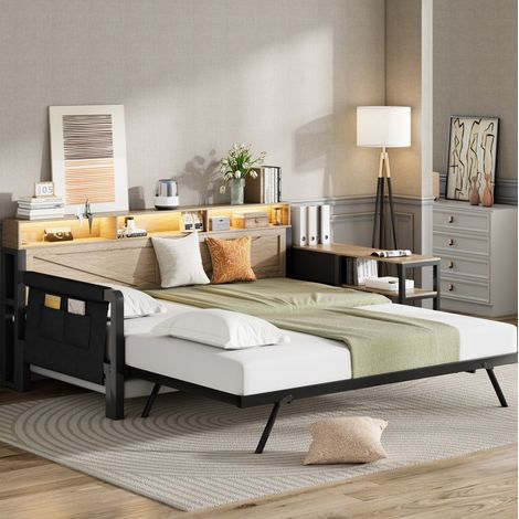 Schlafsofa Metall und MDF Schwarz 90x200 cm mit Ausziehbett, 3 Schubladen, Stauraum, LED und USB (1/5)