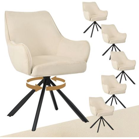 Bon Furni Samt Esszimmerstuhl Elfenbeinweiß, 6er Set, 360° drehbar, ergonomisch mit Federkern, unsichtbarem Reißverschluss & verstellbaren Füßen