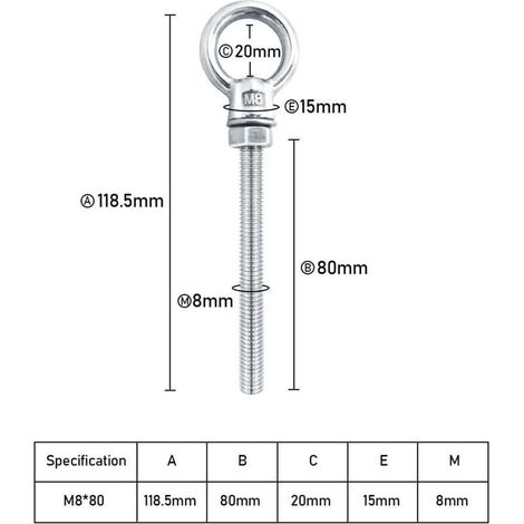 Vis à œil en acier inoxydable M8 × 80 mm – Lot de 6 boulons de fixation et suspension pour usage industriel et domestique