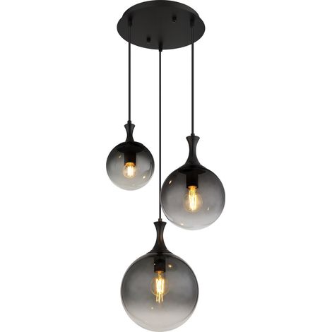Globo Dalton Suspension Cluster avec boules noires mates et abat-jour en verre fumé, 3 ampoules E27