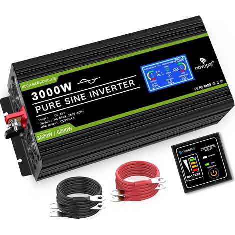 Convertisseur Pur Sinus 3000W Onduleur 12V 220V Transformateur 5m télécommande,2 EU Prises et écran LCD,pour Voiture, Caravane, Bateau, Camping, Voyage (1/5)