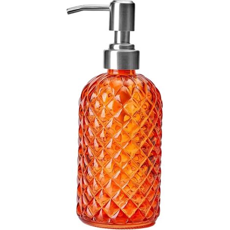 Distributeur de savon liquide en verre orange avec pompe en acier inoxydable, motif pierres précieuses, rechargeable, pour la maison, la cuisine et la salle de bain. (1/5)