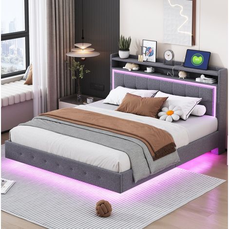 Letto adulti 160x200 cm imbottito con porta USB, illuminazione LED, testiera con vano portaoggetti e piedini nascosti, tessuto lino, senza materasso, grigio (1/5)