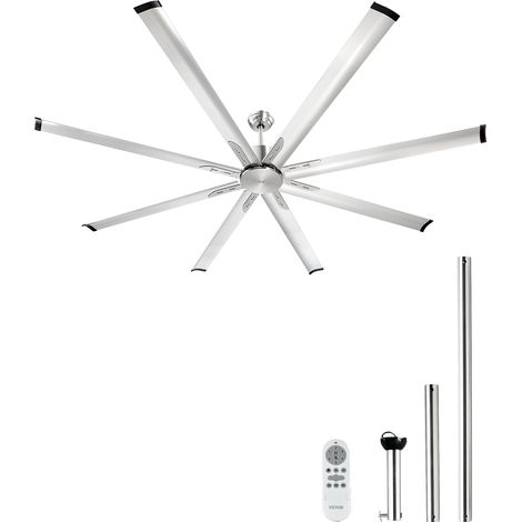 VEVOR Ventilatore da Soffitto da 213 cm Senza Luce, Telecomando a 6 Velocita, 8 Pale in Alluminio, Motore DC Reversibile, Moderno Ventilatore a Filo per Soggiorno, Patio, Nichel Spazzolato