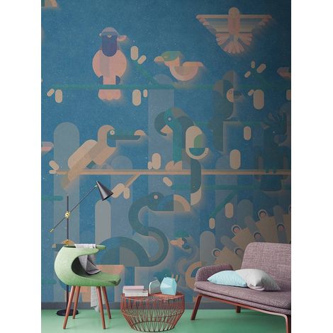 Papier peint panoramique oiseaux géométrique | Tapisserie panoramique originale tapisserie | Papier peint panoramique moderne chambre enfant - 270 x 400 cm (4 pièces) (1/5)