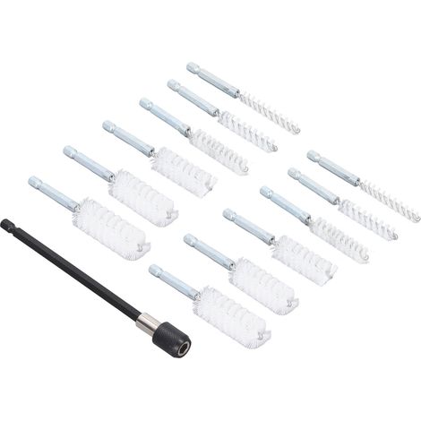 Set aus 13 Reinigungsbürsten für Bohrmaschinen mit Durchmessern von 8 mm, 10 mm, 12 mm, 15 mm, 17 mm und 19 mm, 1/4 Zoll Schaft, mit 15 cm Verlängerung, aus weißem Nylon (weiß). (1/5)
