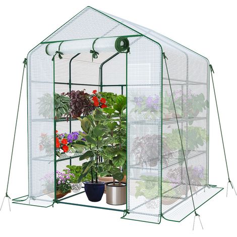 VOUNOT Walk In Greenhouse with Shelves, Garden Polytunnel White 143x143x195cm (1/5)