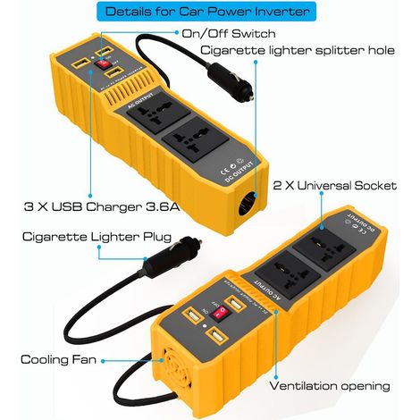 200-W-Kfz-Stromwandler (12 V DC auf 220 V AC) mit 3 USB-Anschlüssen, 2 Universalanschlüssen und 1 Zigarettenanzünderbuchse (1/5)