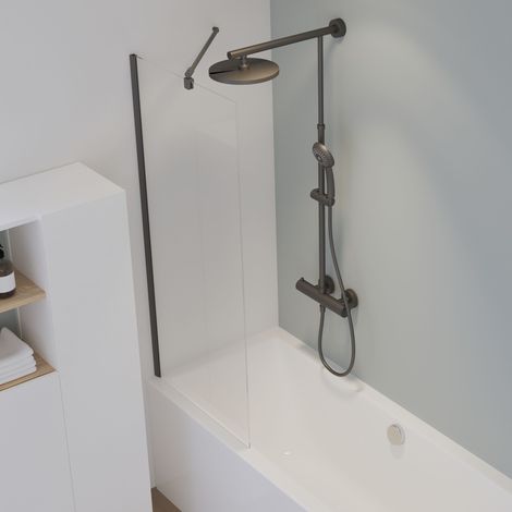 Schulte Badewannenaufsatz feststehend - Breite: 70 cm, Höhe: 140 cm, Glas:  5 mm Sicherheitsglas Klar Hell, Profil: Matt Schwarz, mit fixil Glas Beschichtung