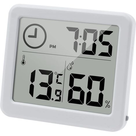 Thermomètre/hygromètre numérique Grand écran LCD 3,2” Intérieur D'ambiance Moniteur de Température et Humidimètre Indicateur D'humidité et de Température avec horloge (blanche)
