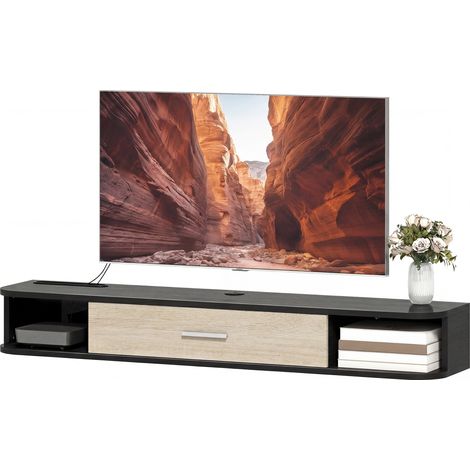 Meuble TV Suspendu 120 cm, Meuble télé jusqu'à 50 Pouces, Porte Rabattable, 2 Étagères Ouvertes et Passe-câbles, Noir