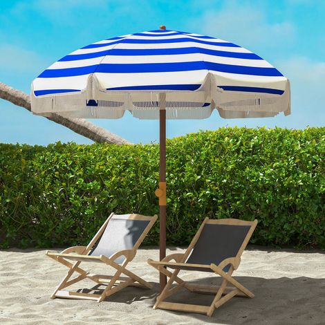 Parasol plage franges Ø190x210cm protection coupe-vent UV40+ sac transport imperméable, bleu blanc