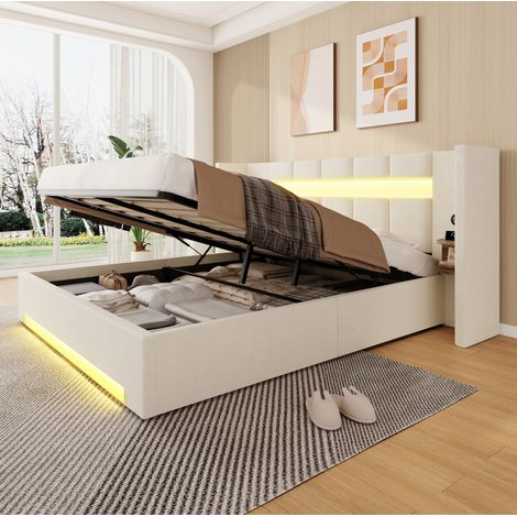 Letto imbottito moderno in velluto beige 160x200 cm con testiera extra larga, USB, LED e contenitore idraulico