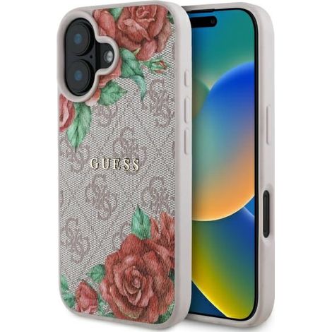Coque rigide rose Guess GUHMP16SP4ROPEMCP pour iPhone 16 6,1" avec motif floral et MagSafe, compatible 4G. (1/5)