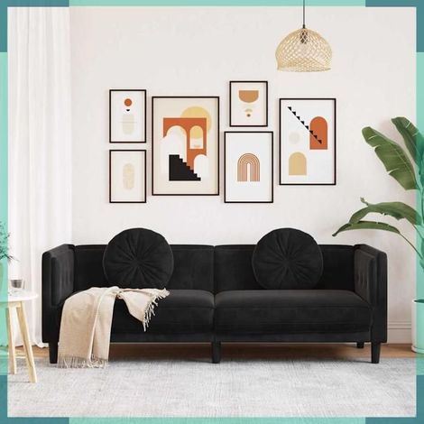 Canapé 3 places - 372647 - velours noir - bois massif - coussins ronds (1/5)