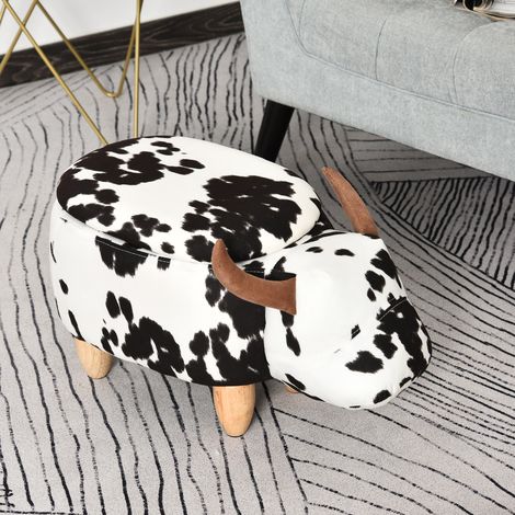 Tabouret décoratif à motif animal, 62x35x36cm, rembourré et avec rangement, design mignon pour intérieur, noir + blanc
