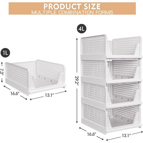 Set mit 4 stapelbaren, faltbaren Aufbewahrungsboxen aus Kunststoff für Kleiderschrank, Küche, Bad, Schlafzimmer (4 l), weiß (1/4)