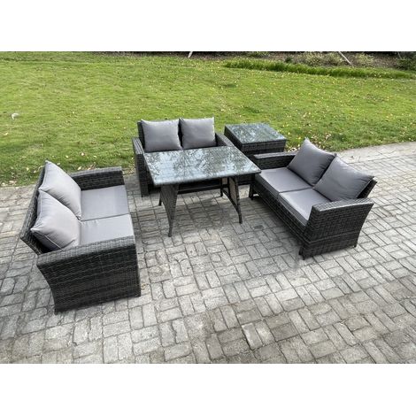 Fimous 6-Sitzer Hoher Rücken Rattan Gartenmöbel Sets mit Rechteckiger Esstisch Loveseat Sofa Beistelltisch (1/5)