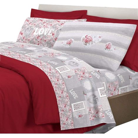 Completo letto lenzuola, parure, fantasia romantica 100% cotone, made in italy Rosso - Piazza e mezza