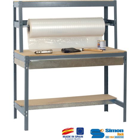 SimonRack Banco da Imballaggio con Cassetto Telescopico e Barra Porta-Rotoli – Portata 400 kg – 1445x910x760 mm – Tavolo Fai da Te – Grigio/Legno – BT-4