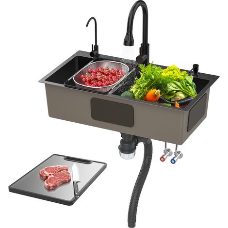 FIANAO - Évier de cuisine - Bac simple - Revêtement nano - Acier inoxydable de qualité supérieure - 80 × 45 × 20 cm, Noir (1/5)