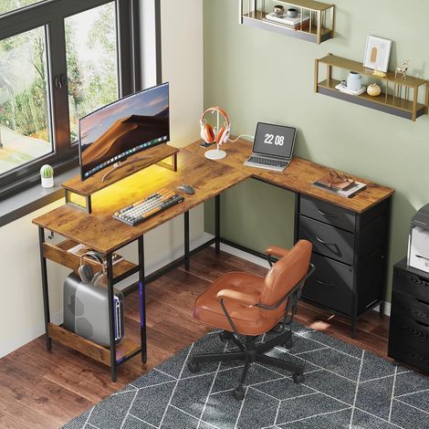 Bureau d'angle en L, 142 × 118 cm, avec tiroirs, prise électrique et port USB, bureau d'ordinateur spacieux avec rangements, idéal pour un bureau à domicile ou une chambre, couleur marron rustique