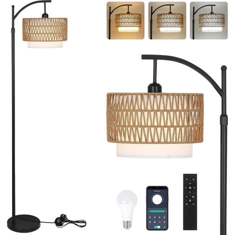 Arc Floor Lamp for Living Room, Dimmable Floor Lamp with Remote Control, Boho Floor Lamp with Double Rattan and Linen Shades, Black Reading Lamp for Bedroom (1/5)