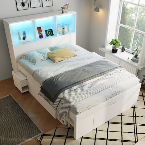 Bett 90x200 cm Weiß aus Holz mit LED-Kopfteil, USB-C, Stauraum und mobilem Nachttisch (1/5)